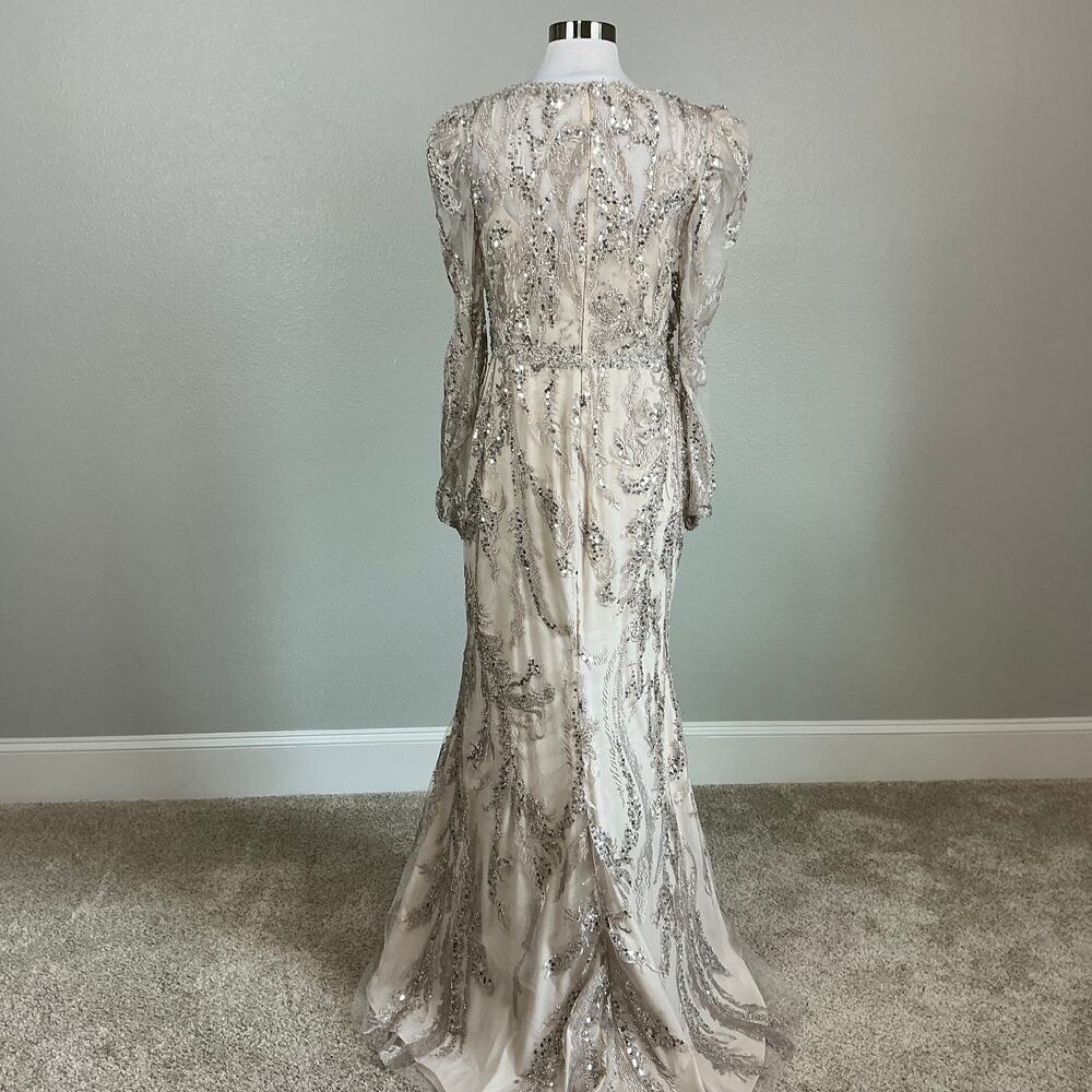 Mac Duggal 20349 Champagne Taupe Evening Gown Sequined Long Sleeve Dress Size 8 - Picture 7 of 12
